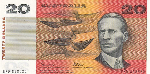 1985 Australian $20 Note - EKD868520 - JOHNSTON/FRASER - Gothic Serial - R409b - About Uncirculated - Loose Change Coins
