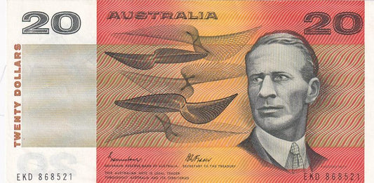 1985 Australian $20 Note - EKD868521 - JOHNSTON/FRASER - Gothic Serial - R409b - About Uncirculated - Loose Change Coins