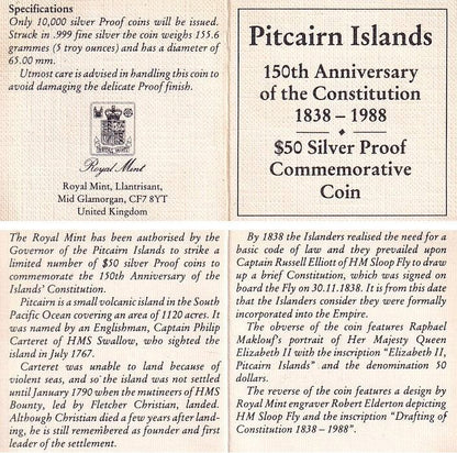 1988 Pitcairn Islands $50 5oz Silver Proof .999 Coin - 150th Anniversary Drafting of Constitution - Loose Change Coins