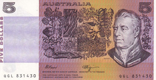 1990 Australian 5 Dollar Note - QGL 831430 - Fraser/Higgins - R212 General Prefix - Uncirculated - Loose Change Coins