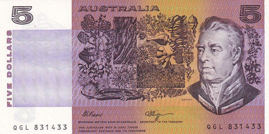 1990 Australian 5 Dollar Note - QGL 831433 - Fraser/Higgins - R212 General Prefix - Uncirculated - Loose Change Coins