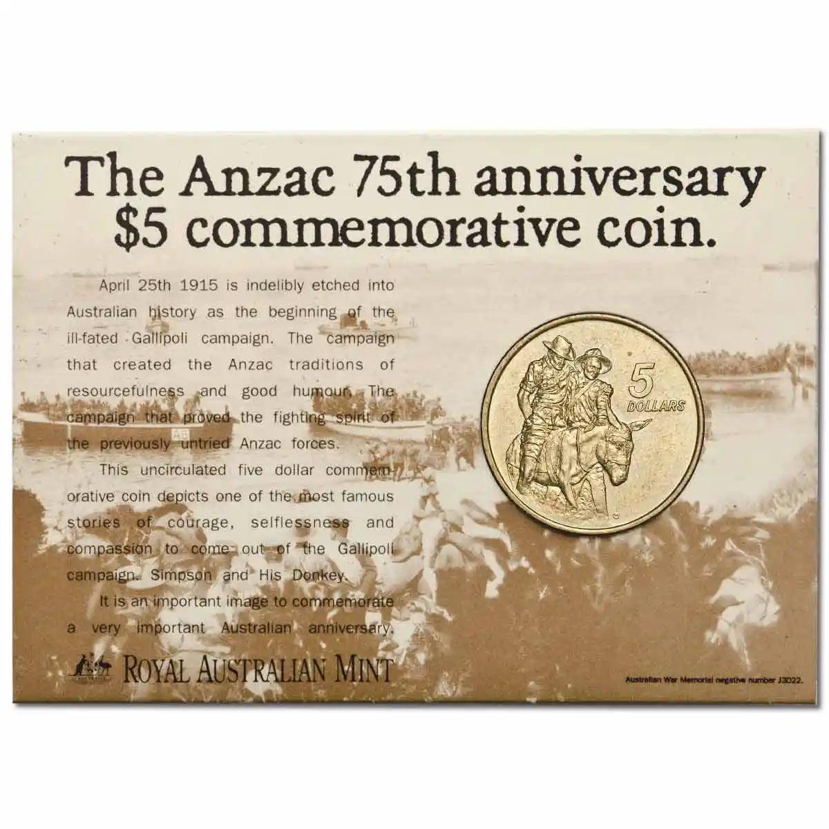 1990 $5 Coin - ANZAC 75th Anniversary - Loose Change Coins