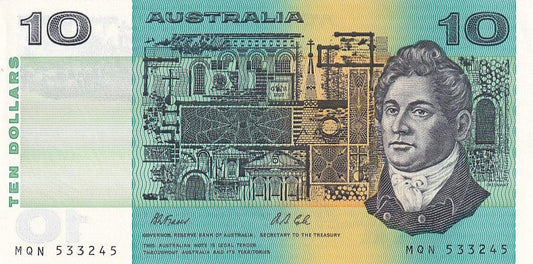 1991 Australian 10 Dollar Note - MQN 533245 - Fraser/Cole - R313b General Prefix - About Uncirculated - Loose Change Coins