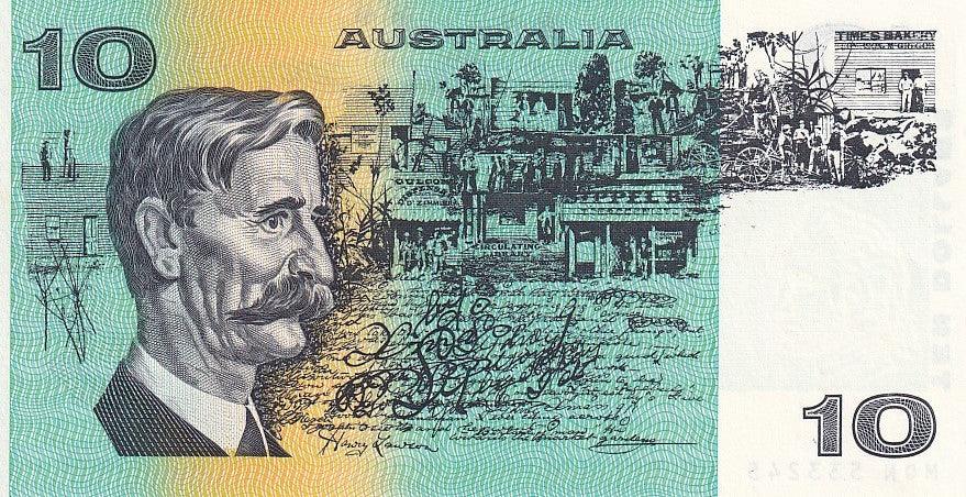 1991 Australian 10 Dollar Note - MQN 533245 - Fraser/Cole - R313b General Prefix - About Uncirculated - Loose Change Coins