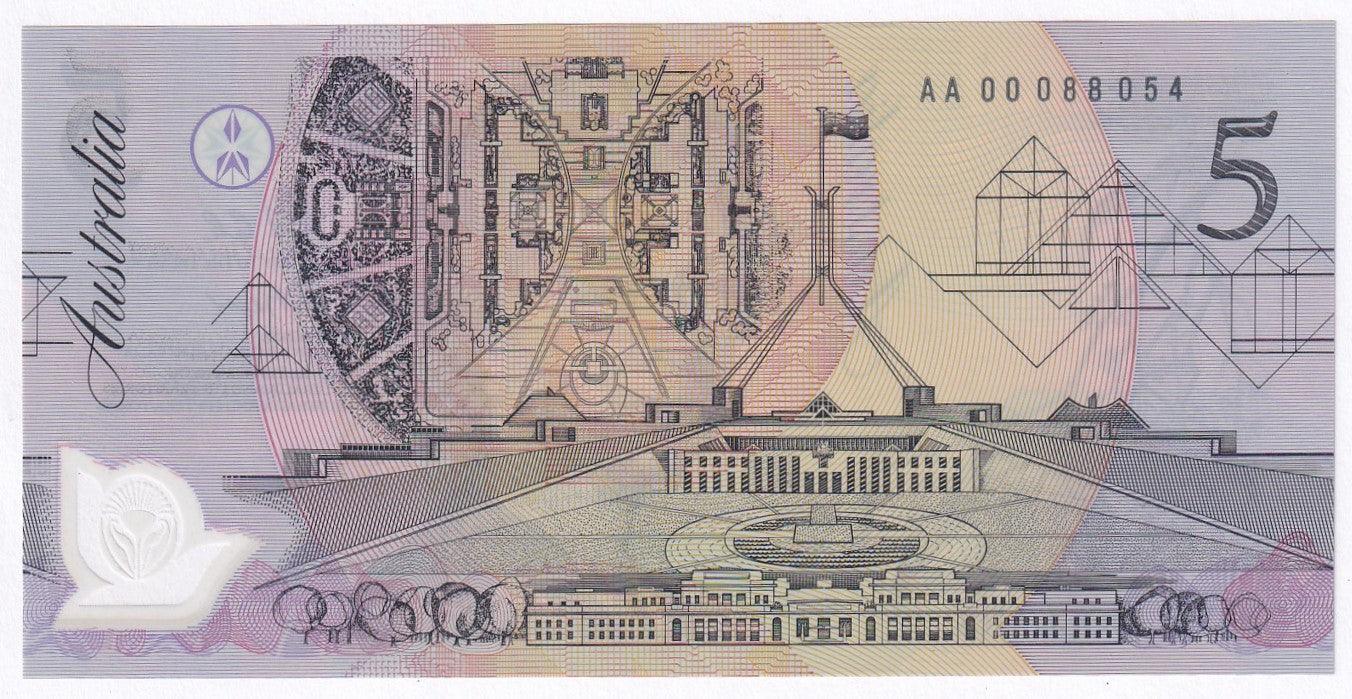 1992 Australian 5 Dollar Note - AA00088054 - FRASER/COLE - R214F - First Prefix - Uncirculated - Loose Change Coins