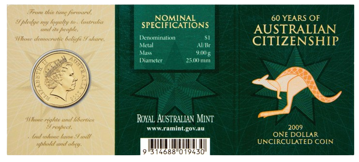 2009 $1 Coin - 60 Years Of Australian Citizenship – Loose Change Coins