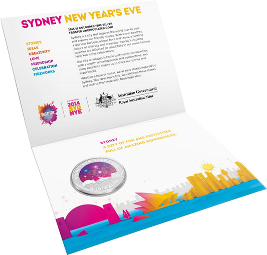 2015 $1 Coloured Fine Silver Frosted Uncirculated Coin - Sydney's New Year’s Eve