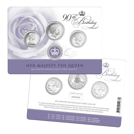 2016 Frosted Uncirculated Three Coin Set - Her Majesty The Queen 90th Birthday