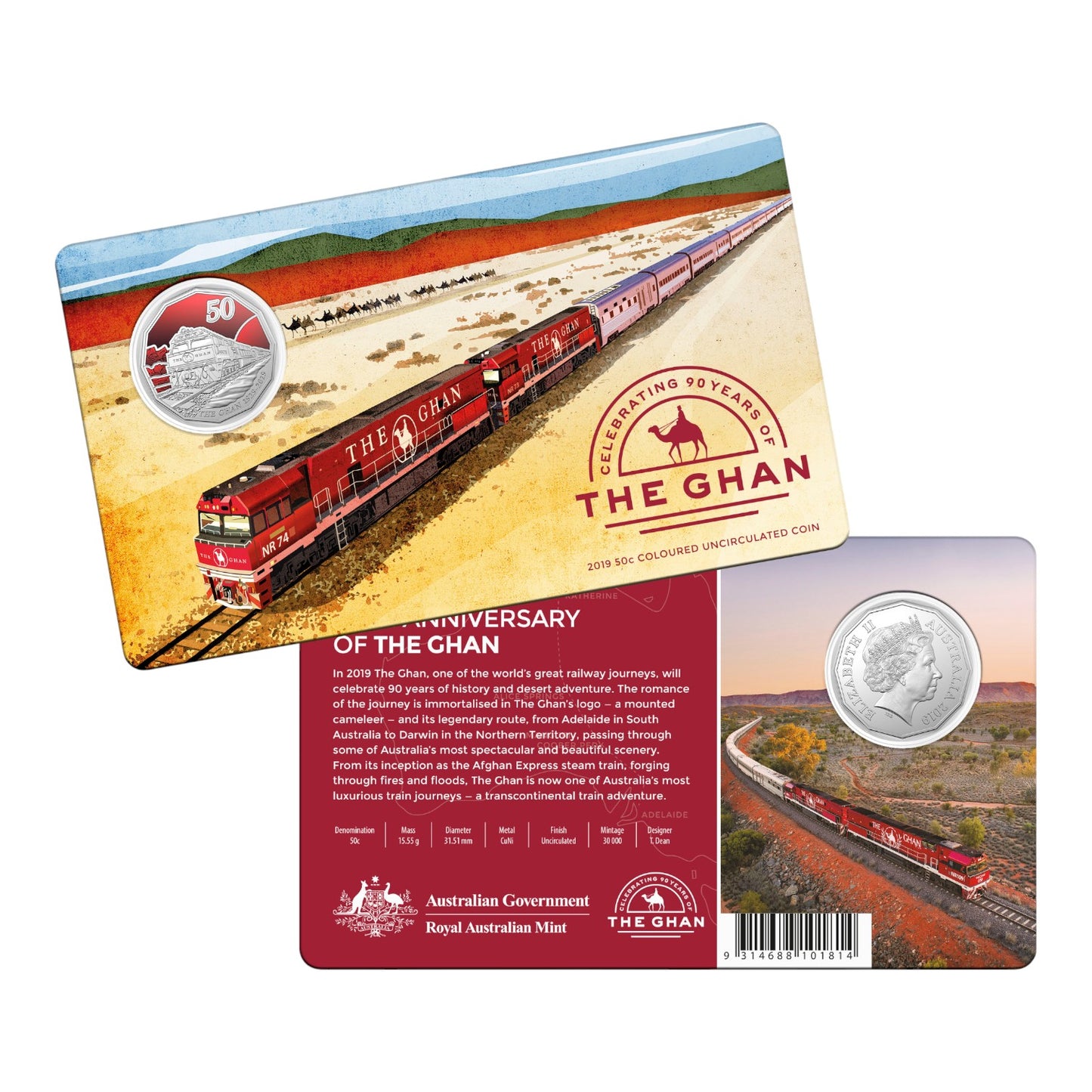 2019 50c CuNi Coloured Uncirculated Coin – 90th Anniversary of The Ghan