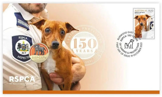 150th Anniversary of the RSPCA 2021 $1 Dog Coloured Coin & Stamp Cover - Loose Change Coins