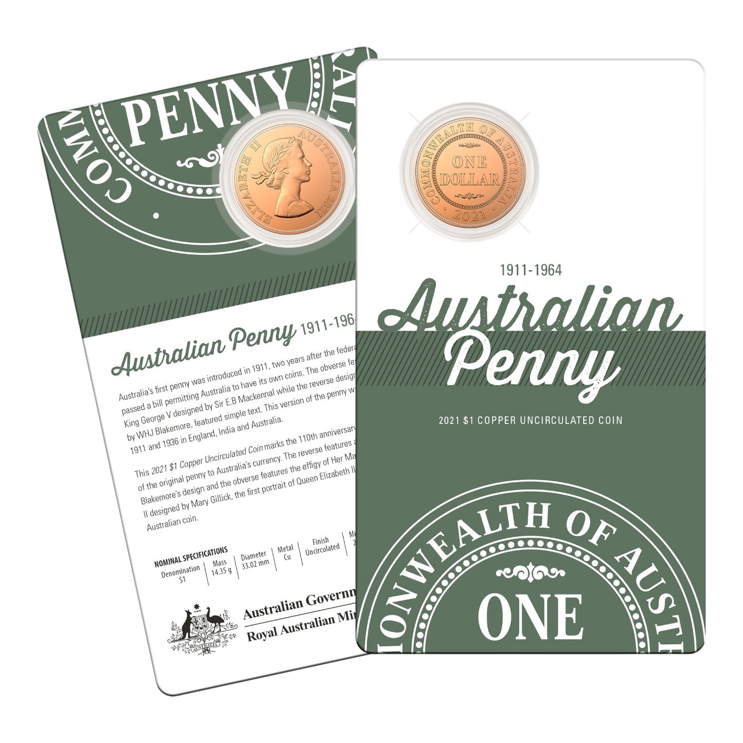 2021 $1 Copper Uncirculated Two Coin Set - Australian Pennies 1911-1964