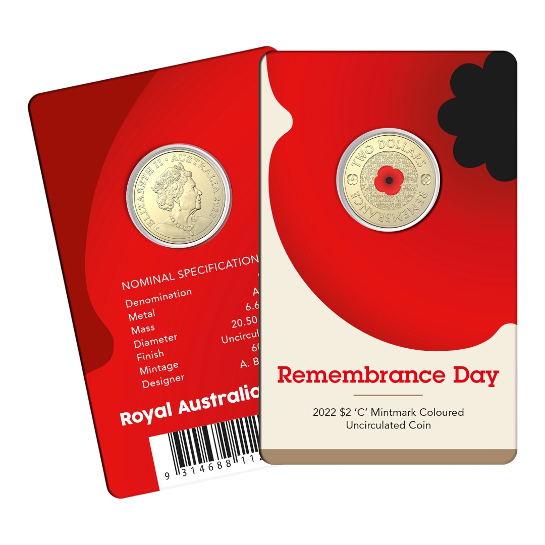 2022 $2 AlBr C Mintmark Coloured Uncirculated Coin - Remembrance Day
