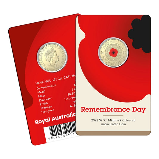 2022 $2 AlBr C Mintmark Coloured Uncirculated Coin - Remembrance Day
