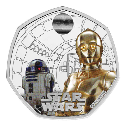 Star Wars R2-D2 and C-3PO 2023 UK 50p Silver Proof Colour Coin - Loose Change Coins