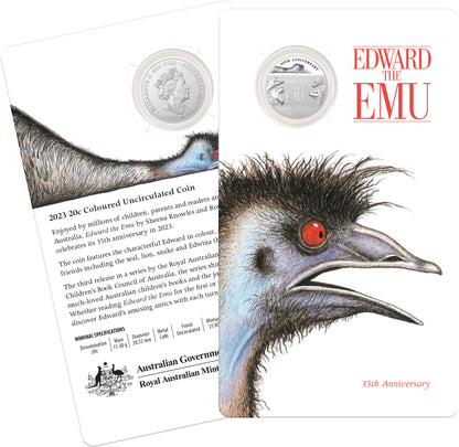 2023 20c CuNi Coloured Uncirculated Coin - 35th Anniversary of Edward the Emu - Coin in Card