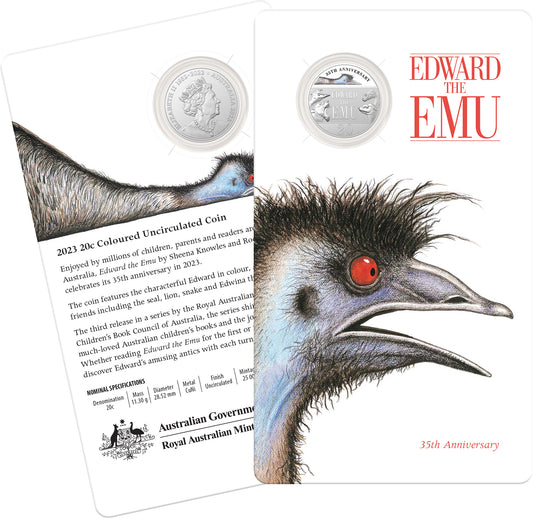 2023 20c CuNi Coloured Uncirculated Coin - 35th Anniversary of Edward the Emu - Coin in Card