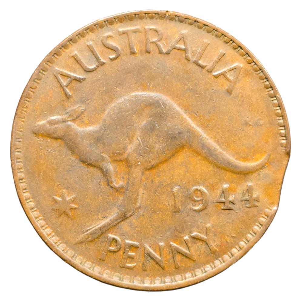 1944 M Australian Penny - Very Fine with Clipped Planchet