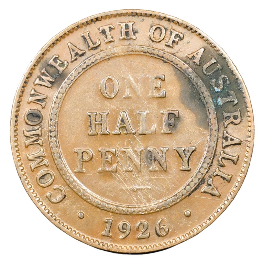 1926 Australian Half Penny - Retained Broken Die, Scratches & Verdigris - Very Good (Cleaned)