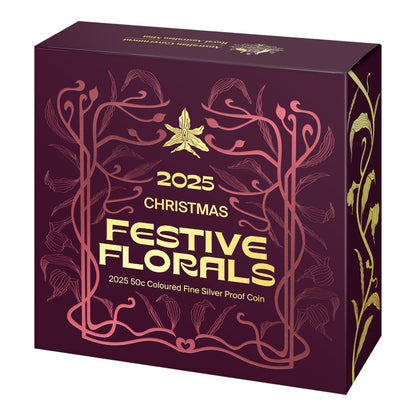 2025 50c Coloured Fine Silver Proof Coin - Christmas Festive Florals