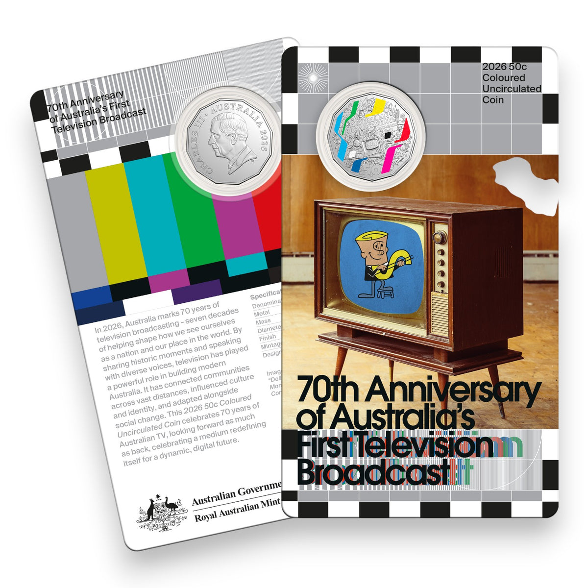 2026 50c Coloured Uncirculated Coin - 70th Anniversary of First Television Broadcast
