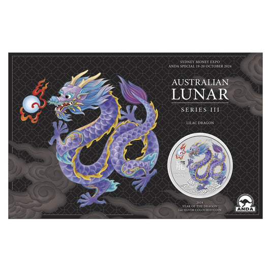 2024 Sydney ANDA Money Expo - Perth Mint Australian Lunar Series III 1oz Coloured Dragon (Lilac)