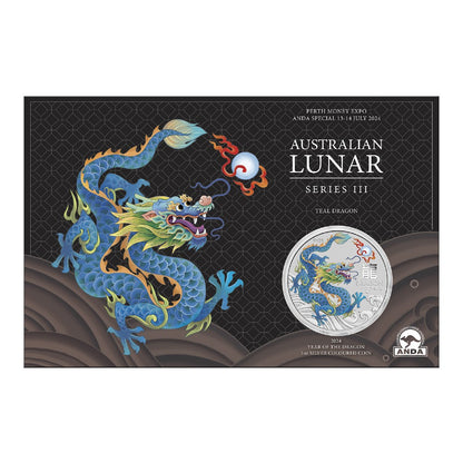 2024 Perth ANDA Money Expo - Perth Mint Australian Lunar Series III 1oz Coloured Dragon (Teal)