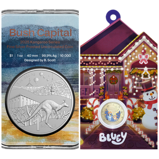 2025 Royal Australian Mint Two-Coin Bundle: Fine Silver Kangaroo and Bluey Christmas