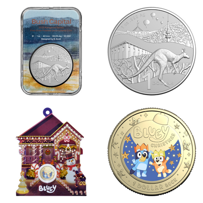 2025 Royal Australian Mint Two-Coin Bundle: Fine Silver Kangaroo and Bluey Christmas