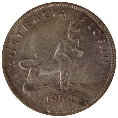 1954 Australian Florin - Royal Visit - Uncirculated with Reverse Planchet Flaw