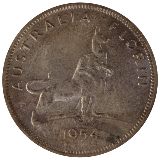 1954 Australian Florin - Royal Visit - Uncirculated with Reverse Planchet Flaw