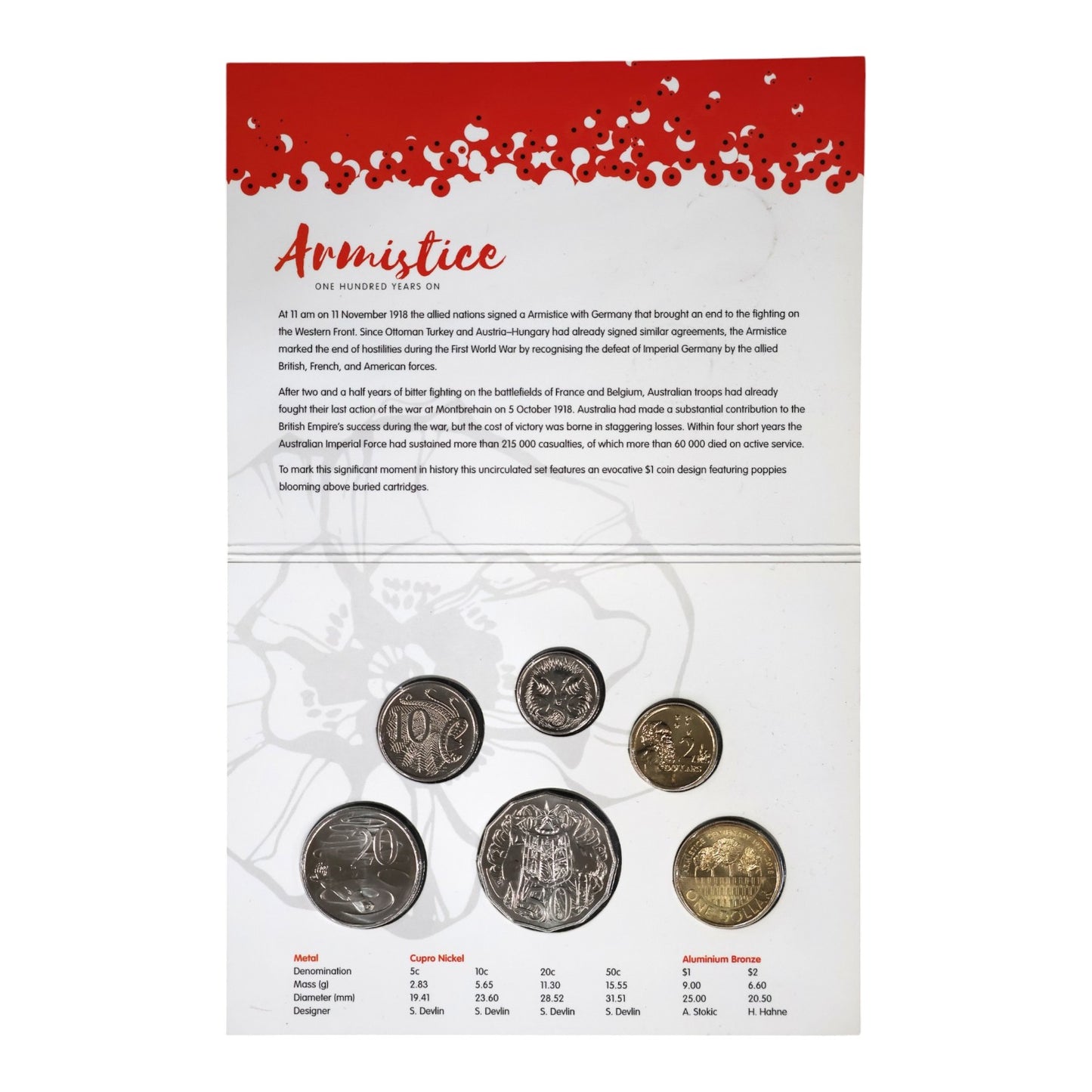 2018 Royal Australian Mint Uncirculated Coin Set - Centenary of Armistice