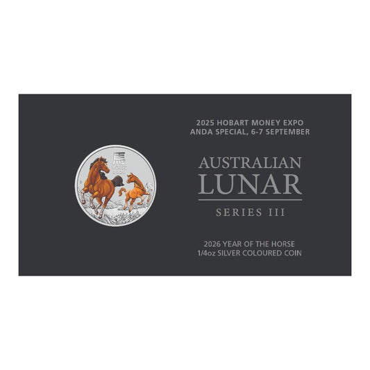 2025 Hobart Money Expo ANDA Special - Perth Mint - 2026 Year of the Horse 1/4oz Silver Coloured Coin in Card