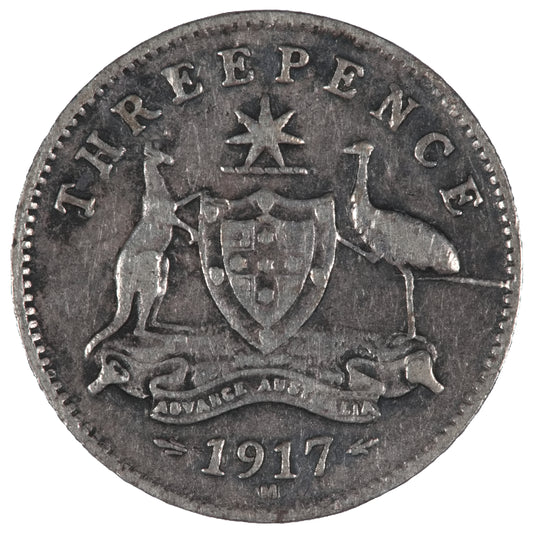 1917 Australian Threepence - "Three-Legged Emu" Die Crack Error