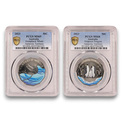 2023 50c Wildlife Duo Bundle: Humpback Whale (MS69) & Emperor Penguin (MS68)