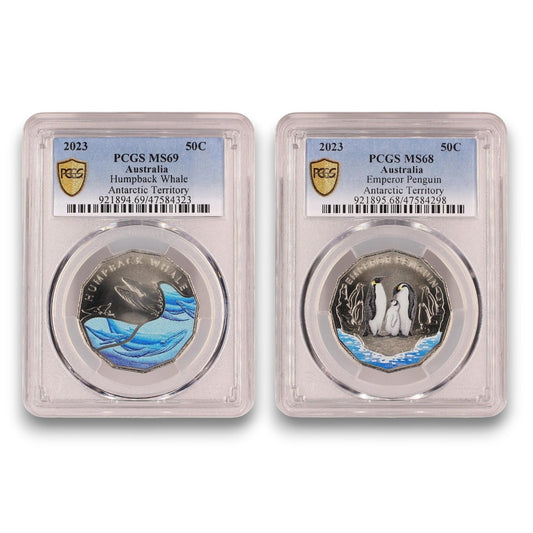 2023 50c Wildlife Duo Bundle: Humpback Whale (MS69) & Emperor Penguin (MS68)