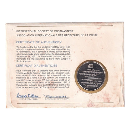 1977 International Society of Postmasters Silver Proof Medallic First Day Cover - Surinam