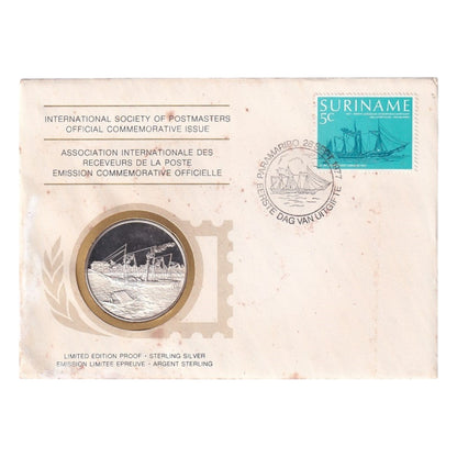 1977 International Society of Postmasters Silver Proof Medallic First Day Cover - Surinam