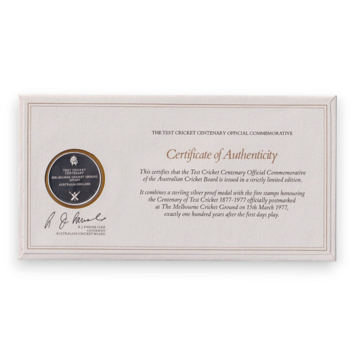 1977 Test Cricket Centenary - 1877-1977 First Day cover & Sterling Silver medal in folder