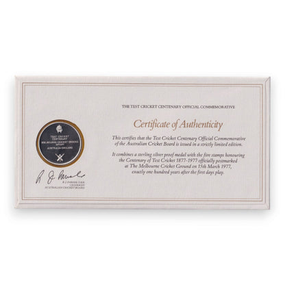 1977 Test Cricket Centenary - 1877-1977 First Day cover & Sterling Silver medal in folder
