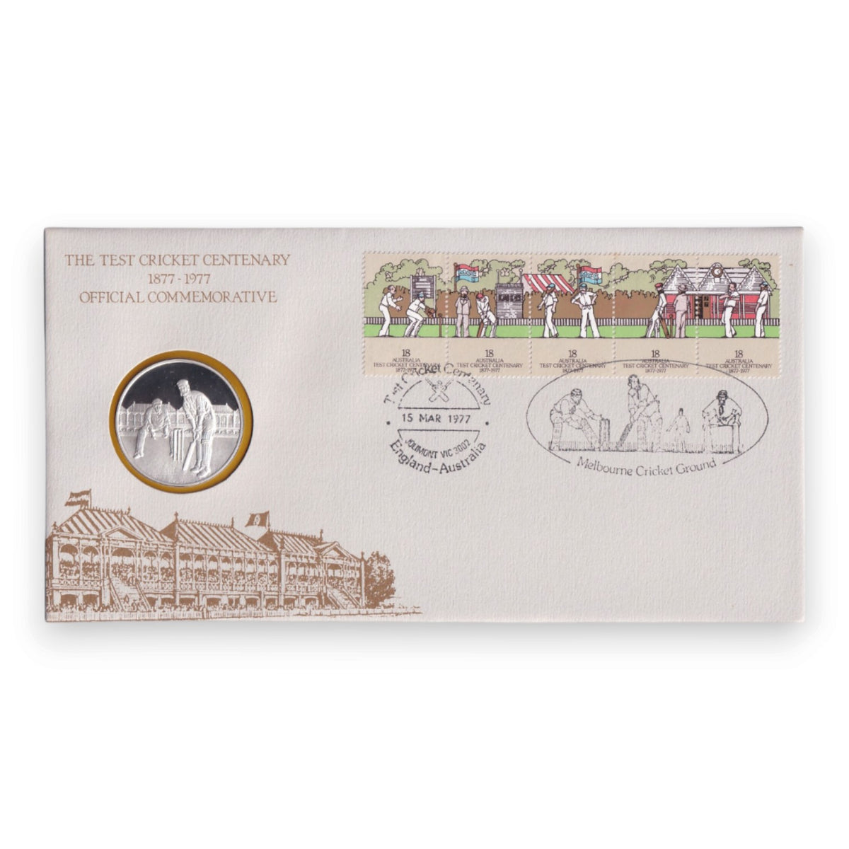 1977 Test Cricket Centenary - 1877-1977 First Day cover & Sterling Silver medal in folder
