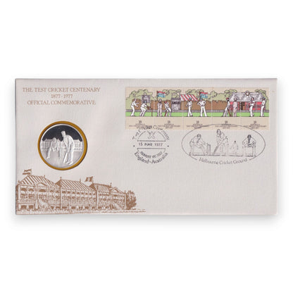 1977 Test Cricket Centenary - 1877-1977 First Day cover & Sterling Silver medal in folder