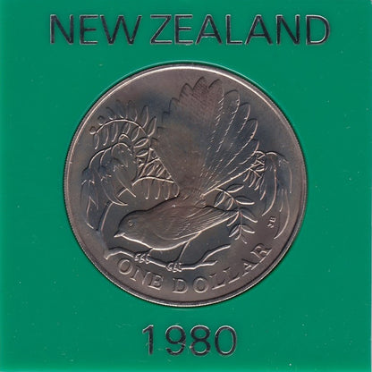1980 New Zealand $1 Coin - Berry Portrait; Fantail