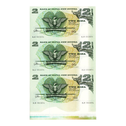 1975 Papua New Guinea - 2 Kina - Strip of 3 Uncut Paper Banknotes in Folder