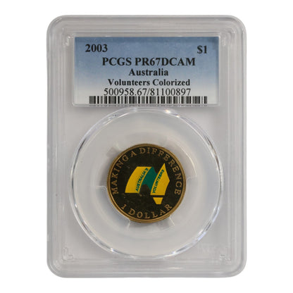 2003 $1 Coin - PR67DCAM - Australia's Volunteers (Colourised)