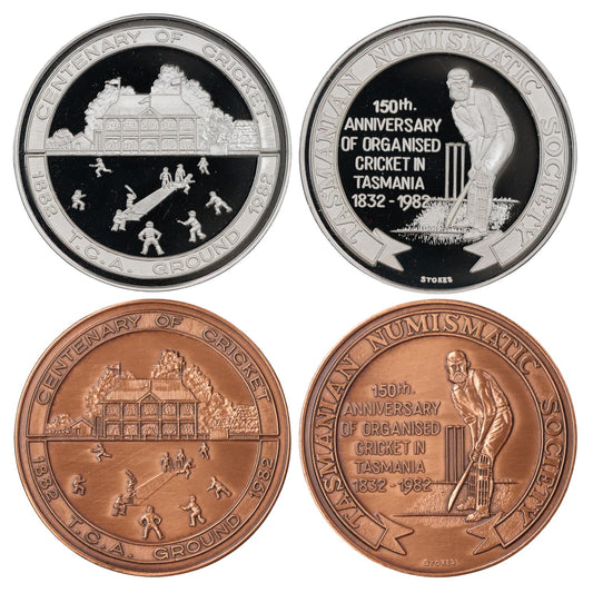 1982 Tasmanian Numismatic Society Two-Medal Set - 150th Anniversary of Organised Cricket in Tasmania