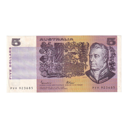 1985 5 Dollar Note - PVH 923685 - Johnston/Fraser - R209a OCRB Serial - Very Fine