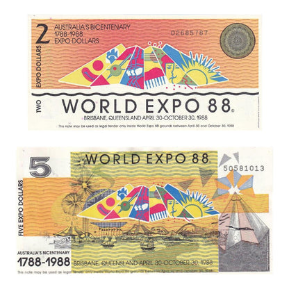 1988 Brisbane World Expo Commemorative Novelty Banknotes - $2 & $5 Values