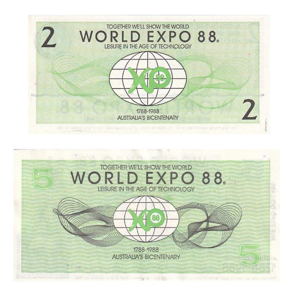 1988 Brisbane World Expo Commemorative Novelty Banknotes - $2 & $5 Values