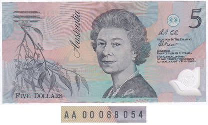 1992 Australian 5 Dollar Note - AA00088054 - Fraser/Cole - R214F - First Prefix - Uncirculated