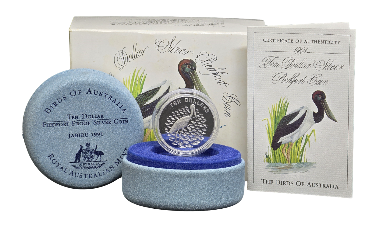 1991 $10 Silver Proof Piedfort Coin - The Birds Of Australia Series - Black-Necked Stork/Jabiru